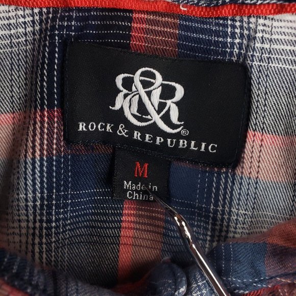 Rock & Republic Shirt Medium M Mens Red Blue Plaid Long Sleeve Collared Button - Picture 7 of 8